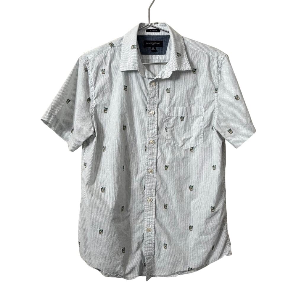 Banana Republic blue pinstripe cocktail print short sleeve button up shirt